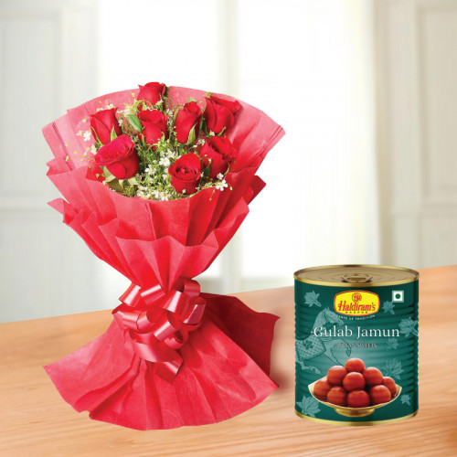 Gulabs with Gulabjamuns: A Gift Combo of 10 Red Roses and 1 Kg Gulab Jamun.