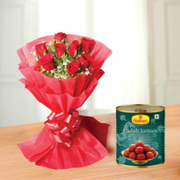 Gulabs with Gulabjamuns: A Gift Combo of 10 Red Roses and 1 Kg Gulab Jamun.