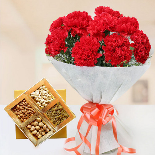 Share The Happiness: A Gift Combo of 10 Red Carnations and 500 gm Mix Dry Fruit Box.