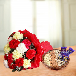 Gracefulness Overloaded: A Gift Combo of 12 Mix Carnation, 500 gm Mix Dry Fruit in Basket and 2 Dairy Milk