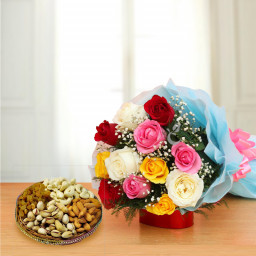 Serenial Vibes: A Gift Combo of 12 Mix Roses and 500 gm Mix Dry Fruit Plate