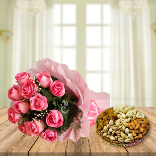 Pack Of Beauty & Health: A Gift Combo of 12 Pink Roses and 500 gm Mix Dry Fruit Plate