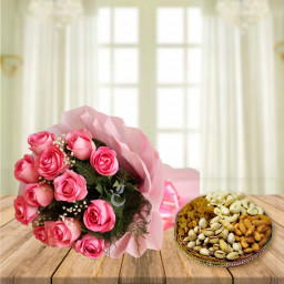 Pack Of Beauty & Health: A Gift Combo of 12 Pink Roses and 500 gm Mix Dry Fruit Plate