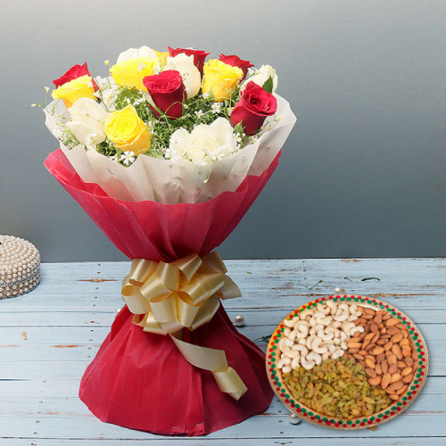 Graceful Mix: A Gift Combo of 12 Mix Roses and 500 gm Mix Dry Fruit Plate