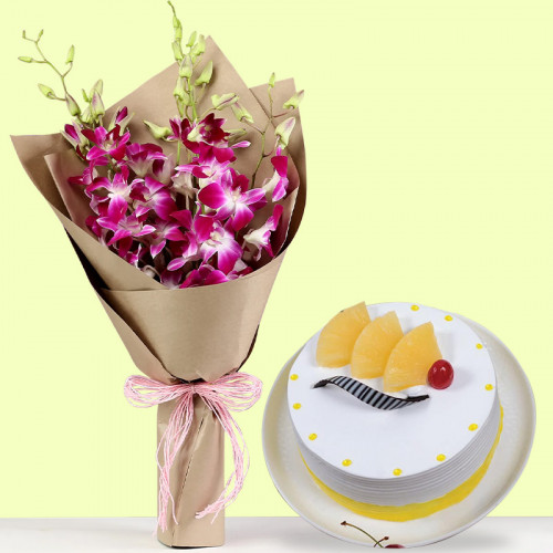 Inclination Of Warmth: A Gift Combo of 6 Purple Orchids and 0.5 kg Pineapple Cream Cake