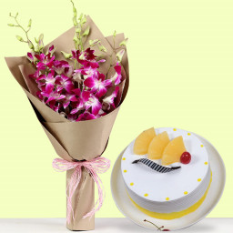 Inclination Of Warmth: A Gift Combo of 6 Purple Orchids and 0.5 kg Pineapple Cream Cake