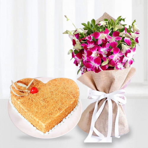 Stocked With Emotions: A Gift Combo of 6 Purple Orchids and 0.5 kg Overloaded Butterscotch Cake