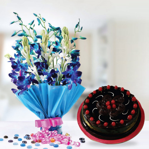 Love Lasts Forever: A Gift Combo of 6 Blue Orchids and 0.5 kg Truffle Cherry Cake