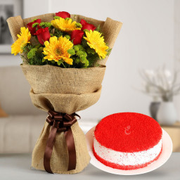 Aesthetically Pleasing: A Gift Combo of 5 Red Roses, 5 Yellow Gerberas and 0.5 kg Red Velvet Cake
