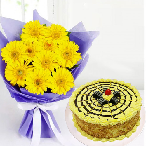 Crunchy Delight: A Gift Combo of 12 Yellow Gerberas and 0.5 kg Butterscotch Cake