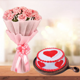 Pinks Of Love: A Gift Combo of 10 Pink Carnations and 0.5 kg Red Velvet Cake