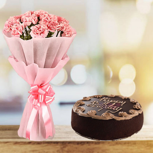 Ravishing Beauty: A Gift Combo of 10 Pink Carnations and 0.5 kg Birthday Chocolate Cake
