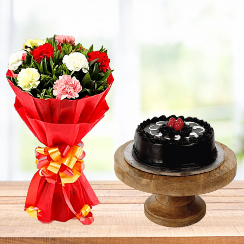 Love Beheld: A Gift Combo of 10 Mixed Carnations and 0.5 kg Dark Truffle Cream Cake