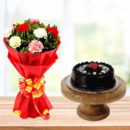 Love Beheld: A Gift Combo of 10 Mixed Carnations and 0.5 kg Dark Truffle Cream Cake