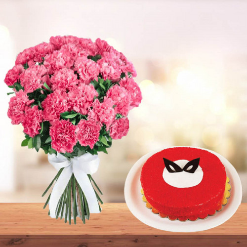 Chic Love Munch: A Gift Combo of 15 Pink Carnations and 0.5 kg Magical Red Velvet Cake
