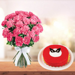 Chic Love Munch: A Gift Combo of 15 Pink Carnations and 0.5 kg Magical Red Velvet Cake