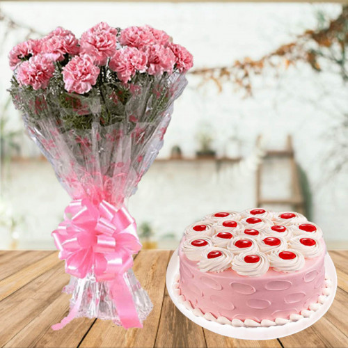 Shining Brightest: A Gift Combo of 10 Pink Carnations and 0.5 kg Strawberry Cake