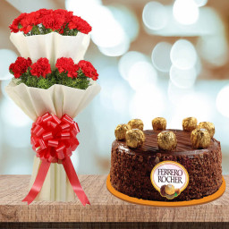 Reinvent Love Within: A Gift Combo of 2-Tier Bouquet of 18 Red Carnations and 0.5 kg Ferrero Rocher Cake