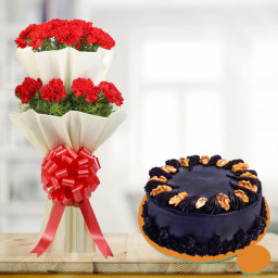 True Love Ratio: A Gift Combo of 2-Tier Bouquet of 20 Red Carnations and 0.5 kg Choco Walnut Cake
