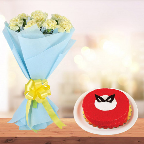 Adoring Diary: A Gift Combo of 10 Yellow Carnations and 0.5 kg Magical Red Velvet Cake
