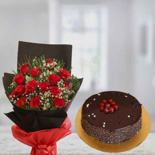 Truffled Bundle: A Gift Combo of 15 Red Roses and 0.5 kg Chocolate Truffle Cake