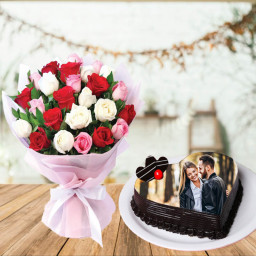 Birthday Essential: A Gift Combo of 24 Mixed Roses and 1 kg Chocolate Photo Cake