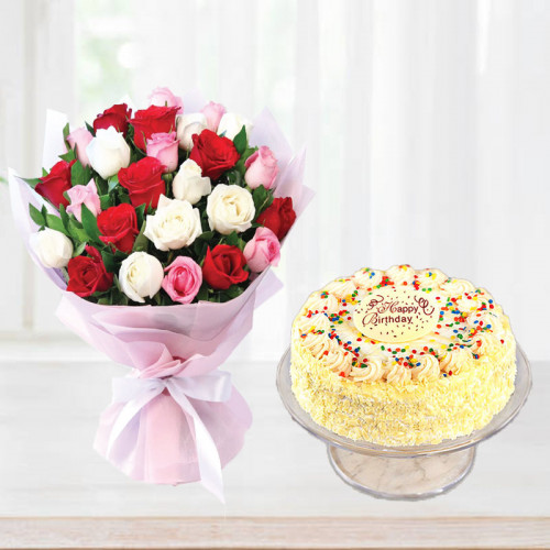 Sweetheart Clup: A Gift Combo of 24 Mixed Roses and 0.5 kg Butterscotch Cake