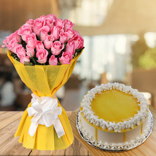 Babying Your Mood: A Gift Combo of 50 Pink Roses and 0.5 kg Butterscotch Cake