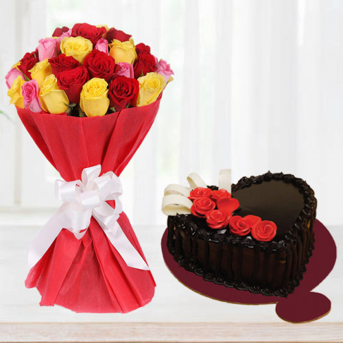 Love Language: A Gift Combo of 30 Mix Rose Bouquet and 0.5 kg Heart-Shaped Truffle Cream Cake