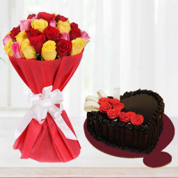 Love Language: A Gift Combo of 30 Mix Rose Bouquet and 0.5 kg Heart-Shaped Truffle Cream Cake