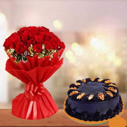 Luxury Love Drive: A Gift Combo of 25 Red Roses and 0.5 kg Choco Walnut Cake