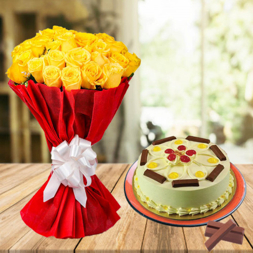 Shining At its Best: A Gift Combo of 50 Yellow Roses and 0.5 kg KitKat Butterscotch Cake
