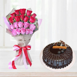 Walk Of Love: A Gift Combo of 10 Red Roses, 10 Pink Roses and 0.5 kg Chocolate Cake