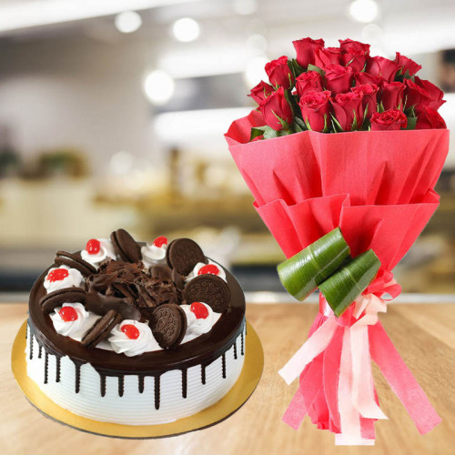 Every Celebration's Craving: A Gift Combo of 20 Red Roses and 0.5 kg Black Forest Oreo Cake