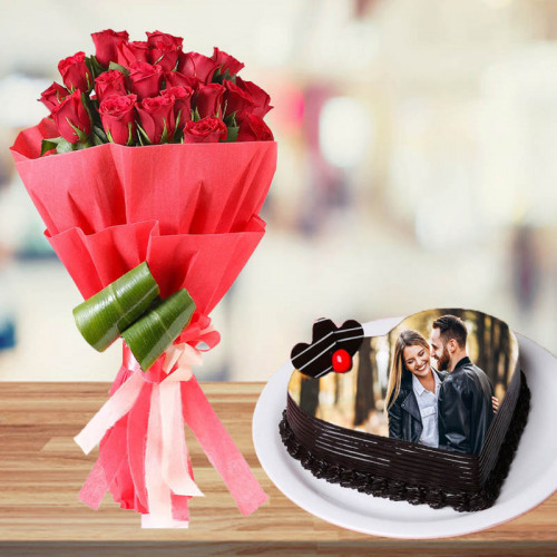 Reach For Love: A Gift Combo of 20 Red Roses and 1 kg Heart-Shaped Photo Cake