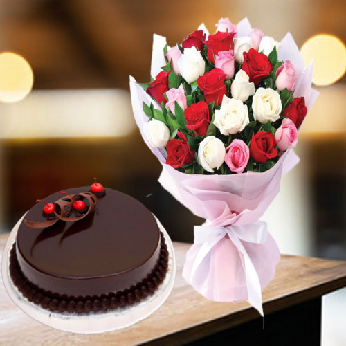 Especially For You: A Gift Combo of 24 Mixed Roses with Chocolate Cake