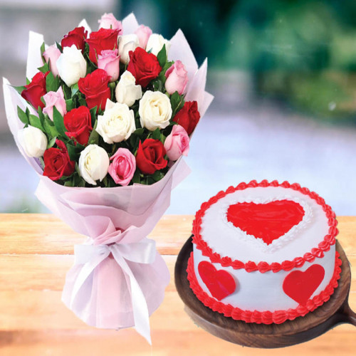 Glides Of Love: A Gift Combo of 8 Red Roses, 8 White Roses, 8 Pink Roses and 0.5 kg Red Velvet Cake
