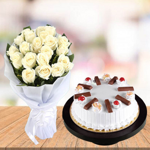 Peace-Savvy Binary: A Gift Combo of 20 White Roses and 0.5 kg KitKat Vanilla Cake