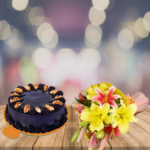 Dive In Love Axis: A Gift Combo of 4 Pink Lilies, 4 Yellow Lilies and 0.5 kg Choco Walnut Cake