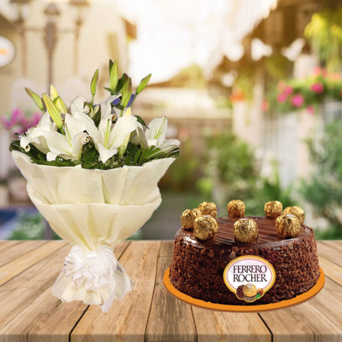 Embrace The Escape: A Gift Combo of 5 White Asiatic Lilies and 0.5 kg Ferrero Rocher Cake