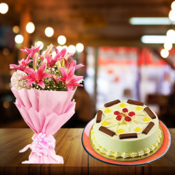 Let Me Speak The Unsaid: A Gift Combo of 6 Pink Lilies and 0.5 kg KitKat Butterscotch Cake
