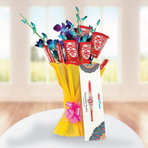 Rakhi with KitKat Bouquet - Blue orchid arrangement