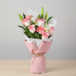 8 Pink Roses 2 White Lily - Front View