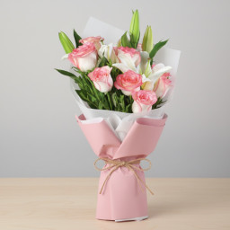 8 Pink Roses 2 White Lily - Front View