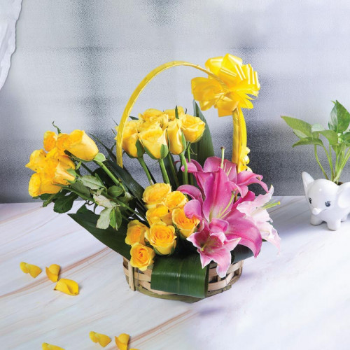 Golden Petal Melody - Yellow rose basket