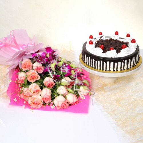 Rose Orchid Indulgence: A Gift Combo of 10 Pink Roses, 3 Purple Orchids and 0.5 kg Black Forest Cake