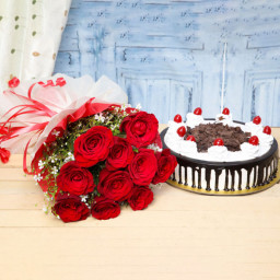 Ruby Forest: A Gift Combo of 10 Red Roses and 0.5 kg Black Forest Cake