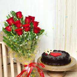Scarlet Delight: A Gift Combo of 10 Red Roses and 0.5 kg Chocolate Cake
