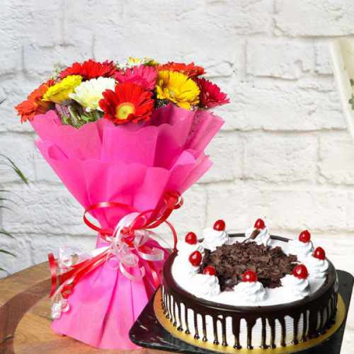 Colorful Indulgence: A Gift Combo of 15 Mixed Gerberas and 0.5 kg Black Forest Cake