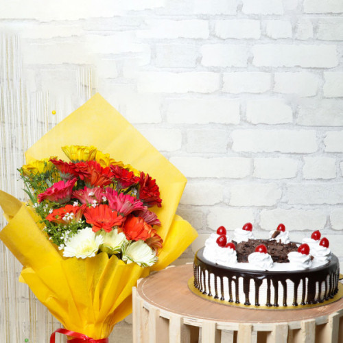 Colorful Bliss: A Gift Combo of 20 Mix Gerberas & 0.5 Kg Black Forest Cake